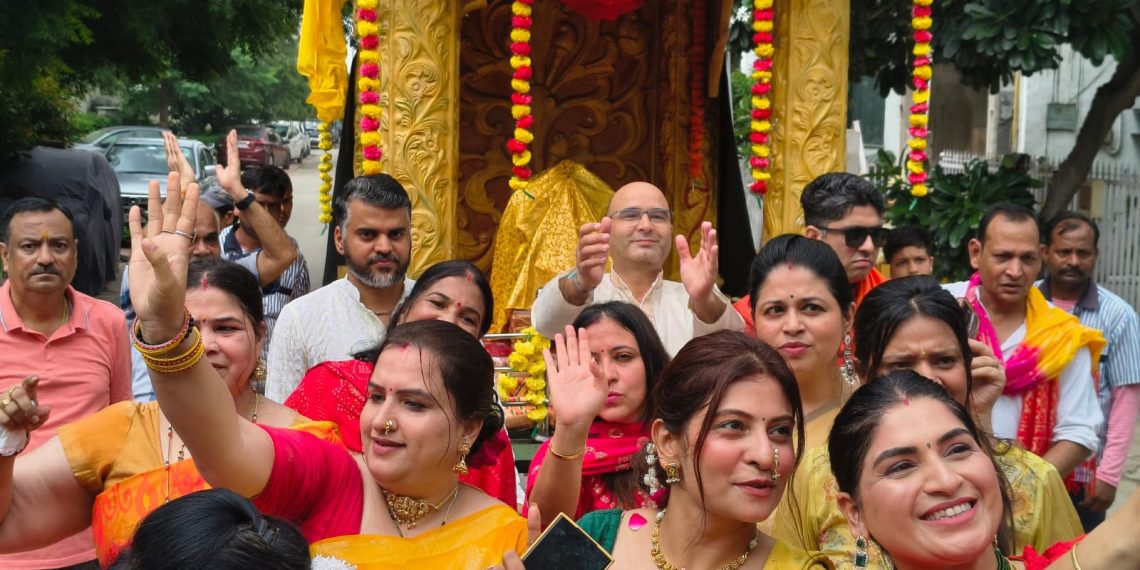 Shiv Mandir decorated with flowers and lights for Ganesh Chaturthi 2025 at Paramount Golf Forest Greater Noida