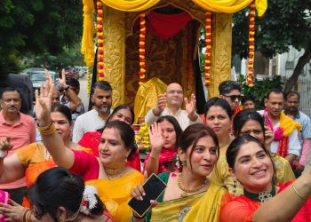 Shiv Mandir decorated with flowers and lights for Ganesh Chaturthi 2025 at Paramount Golf Forest Greater Noida